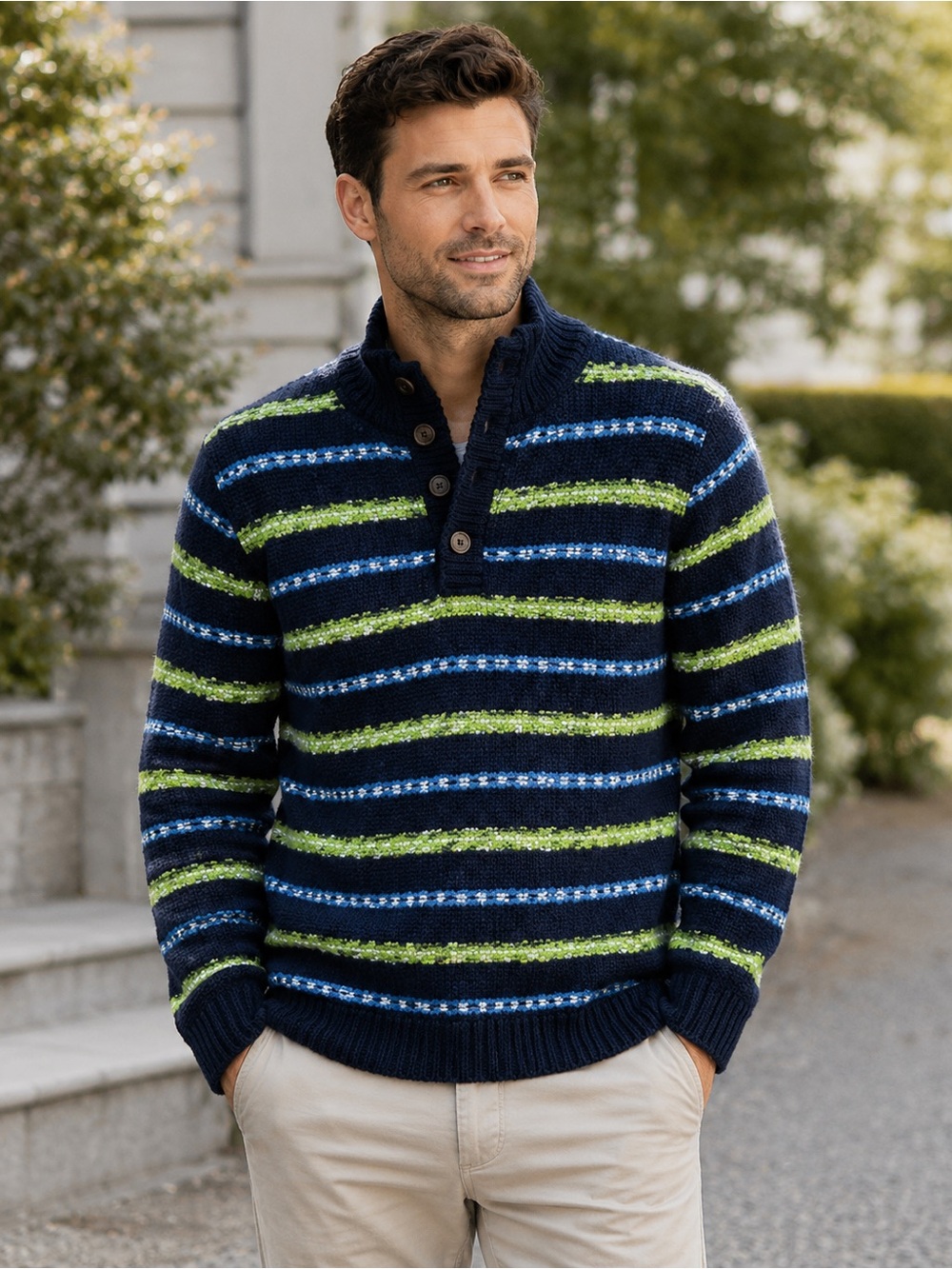 American Eagle Men’s Striped Henley Sweater Blue Green XL